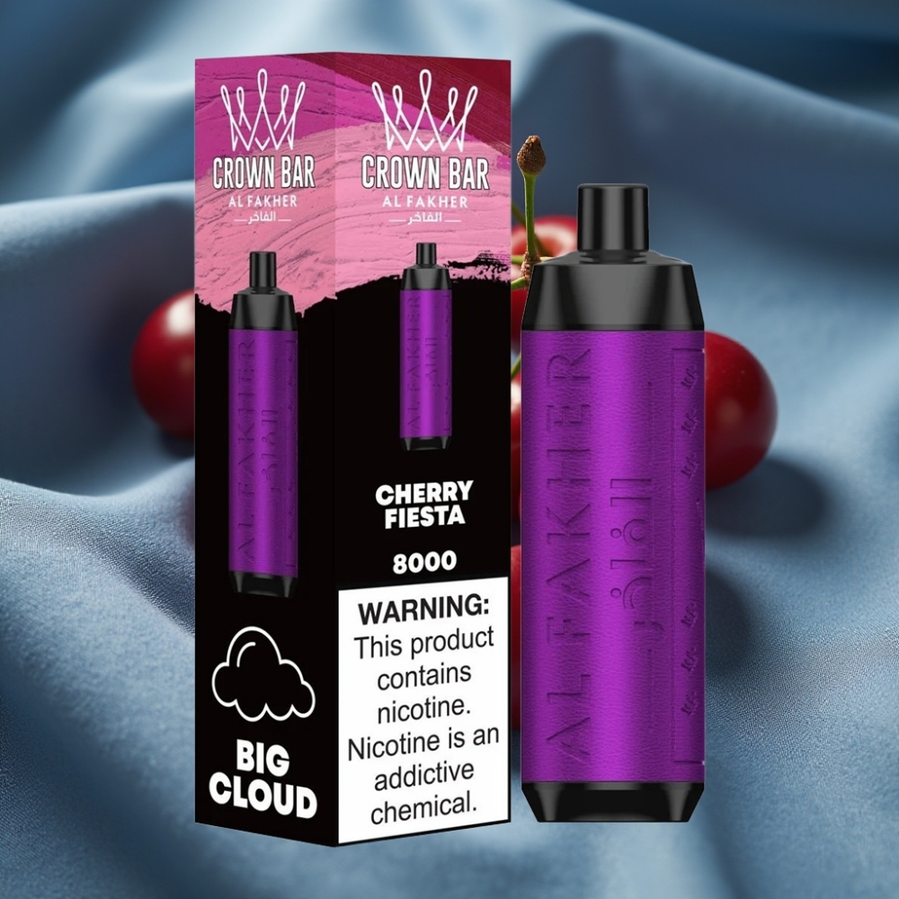 Al Fakher Crown Bar 8000 Crystal Cherry Fiesta Şeftali Şenliği 600mAh USB-C 18ml 5mg
